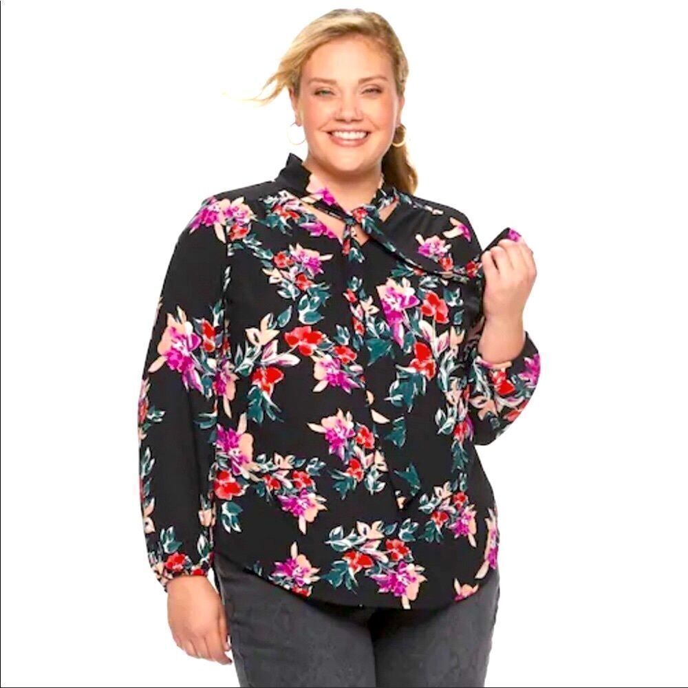 EVRI 2X Black Fuchsia Pink Green Wt Floral Neck Tie Long Sleeve Pullover Blouse